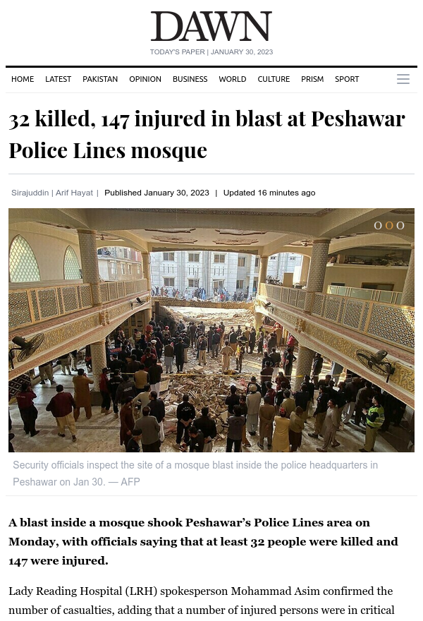 Dawn - Blast in Peshawar Police Lines Mosque
